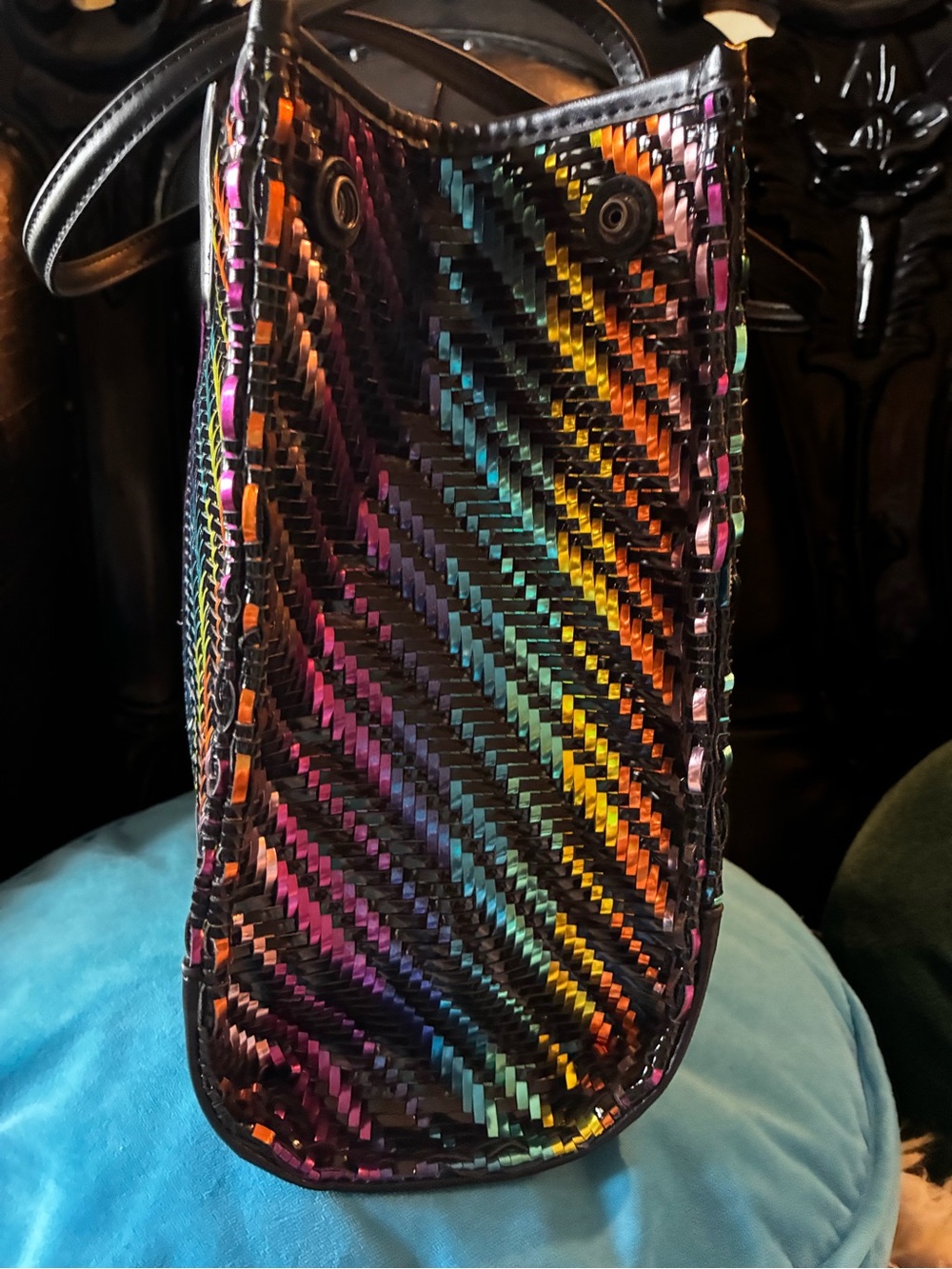 Kurt Geiger KENSINGTON SQUARE TOTE black/multi-metallic woven purse $265 NEW tag - Picture 8 of 16